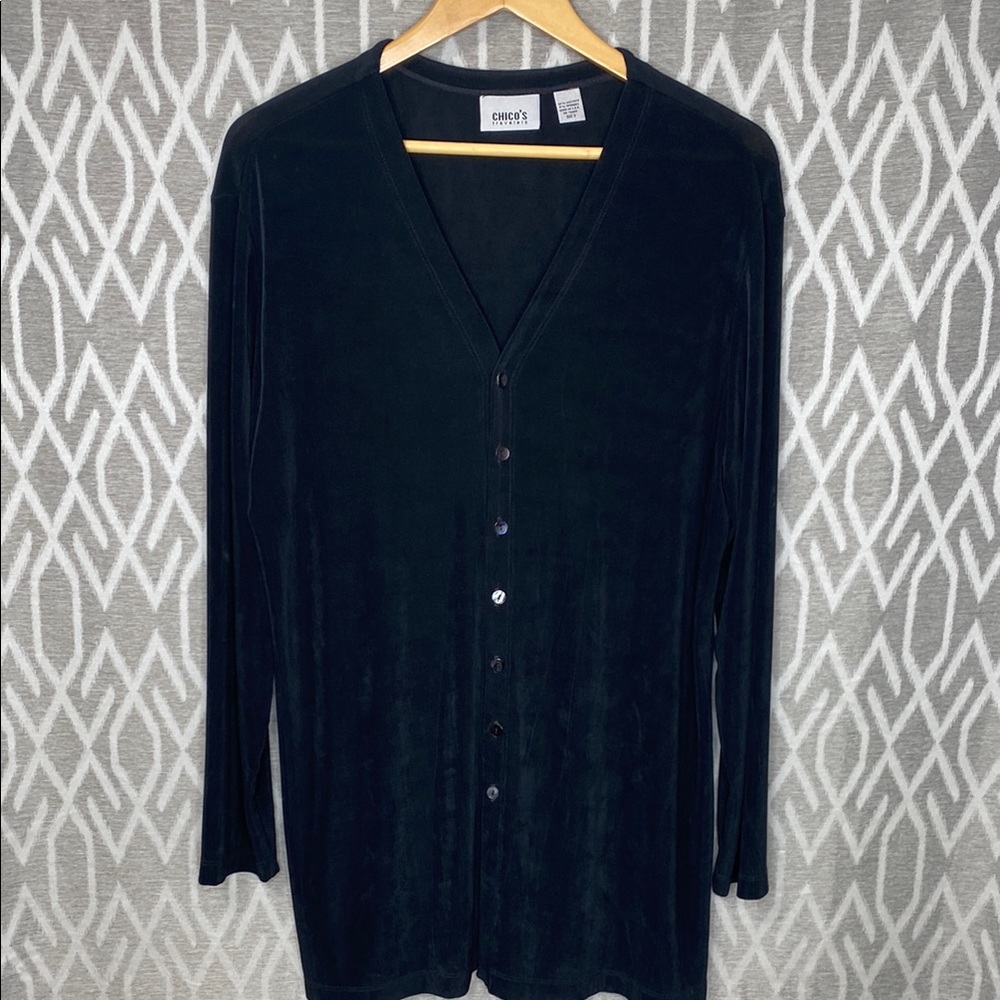 Chico's Black Traveler Tunic Cardigan Anti-Wrinkle Fabric Size: 3